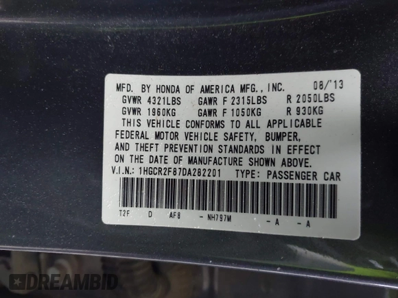 2013 Honda Accord Sdn EX-L with VIN 1HGCR2F87DA282201, listed as a IAAI auction lot 41556072 with 215,119 mi miles. Bid and sale history available at carsss.com. Image 9.