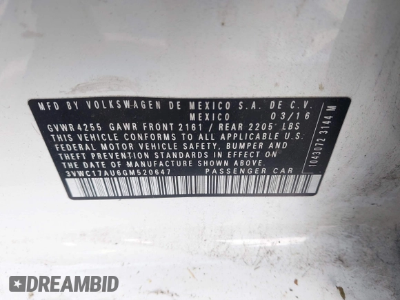 2016 Volkswagen Golf TSI S with VIN 3VWC17AU6GM520647, listed as a IAAI auction lot 42214369 with 107,674 mi miles and . Bid and sale history available at DreamBid. Image 9.