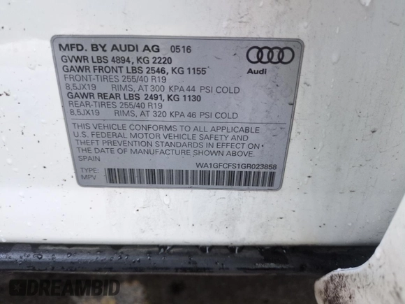 2016 Audi Q3 Prestige with VIN WA1GFCFS1GR023858, listed as a Copart auction lot 55847955 with 181,972 mi miles and Salvage title. Bid and sale history available at DreamBid. Image 13.