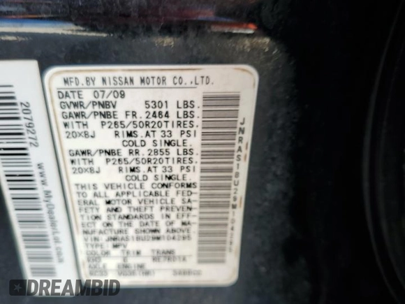 2009 Infiniti FX35 with VIN JNRAS18U29M104295, listed as a Copart auction lot 77149894 with 0 mi miles and Non Repairable. Bid and sale history available at carsss.com. Image 13.