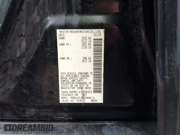 2014 Nissan Altima S with VIN 1N4AL3AP8EC270601, listed as a IAAI auction lot 42008816 with 217,798 mi miles and . Bid and sale history available at DreamBid. Image 9.