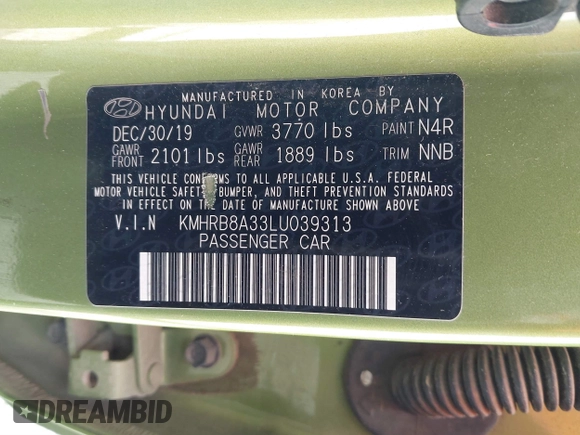 2020 Hyundai Venue SE with VIN KMHRB8A33LU039313, listed as a IAAI auction lot 41753319 with 92,872 mi miles and . Bid and sale history available at DreamBid. Image 9.