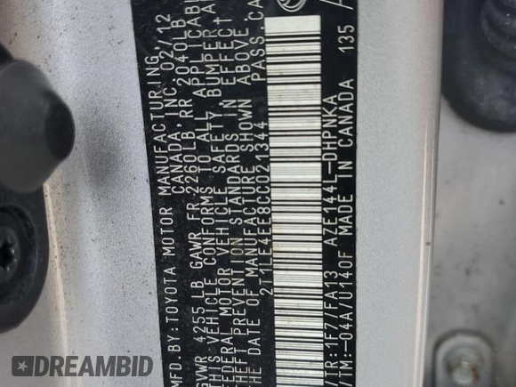 2012 Toyota Matrix S с VIN 2T1LE4EE8CC021344, выставлен на аукционе Copart как лот 59570495 с пробегом 95 585 миль миль и Списание • Salvage title. История ставок и продаж доступна на DreamBid. Изображение 12.