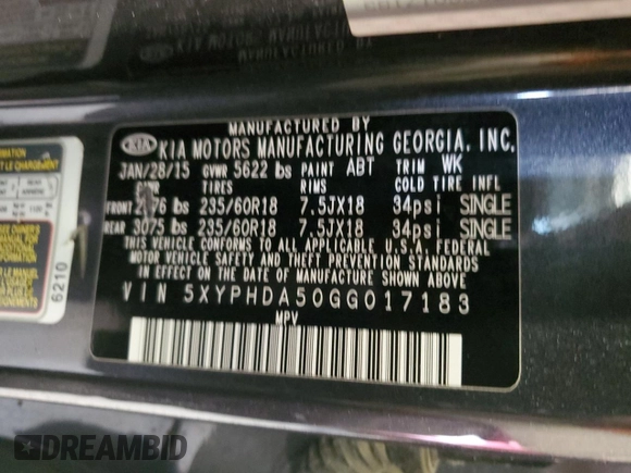 2016 Kia Sorento EX with VIN 5XYPHDA50GG017183, listed as a Copart auction lot 55647524 with 100,859 mi miles and Clean Title. Bid and sale history available at carsss.com. Image 13.