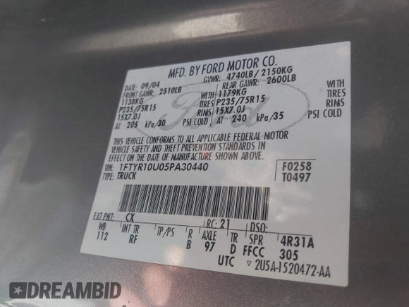 2005 Ford Ranger XL z VIN 1FTYR10U05PA30440, wystawiony jako IAAI lot #41832729 z przebiegiem 201 888 mil mil oraz . Historia ofert i sprzedaży dostępna na DreamBid. Obrazek 9.
