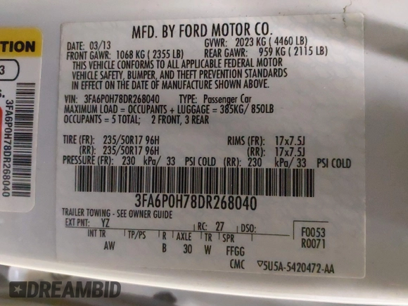 2013 Ford Fusion SE with VIN 3FA6P0H78DR268040, listed as a IAAI auction lot 41524125 with 172,712 mi miles. Bid and sale history available at carsss.com. Image 9.