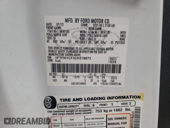 2012 Ford F-150 XL with VIN 1FTFW1CF3CKE18673, listed as a Copart auction lot 44647615 with 179,700 mi miles and Salvage Title. Bid and sale history available at carsss.com. Image 12.