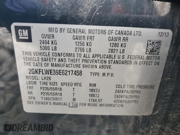 2014 GMC Terrain SLE with VIN 2GKFLWE39E6217458, listed as a Copart auction lot 83353034 with 206,871 mi miles and Clean title. Bid and sale history available at DreamBid. Image 13.