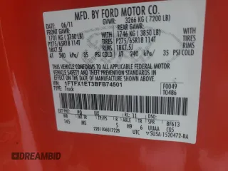 2011 Ford F-150 XL with VIN 1FTFX1ET3BFB74501, listed as a Copart auction lot 87946535 with 165,680 mi miles and Non Repairable. Bid and sale history available at DreamBid. Image 12.