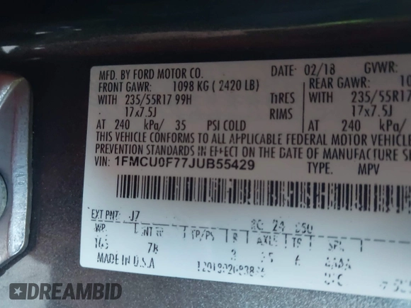 2018 Ford Escape S с VIN 1FMCU0F77JUB55429, выставлен на аукционе IAAI как лот 40508774 с пробегом 126 008 миль миль и . История ставок и продаж доступна на DreamBid. Изображение 9.
