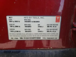 2017 Tesla Model S 100D with VIN 5YJSA1E24HF213343, listed as a Copart auction lot 52175575 with 72,502 mi miles and Salvage Title. Bid and sale history available at DreamBid. Image 15.