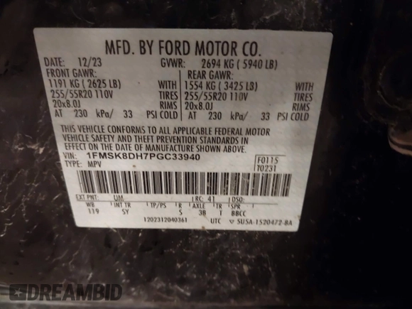 2023 Ford Explorer XLT с VIN 1FMSK8DH7PGC33940, выставлен на аукционе IAAI как лот 42494392 с пробегом 36 231 миль миль и . История ставок и продаж доступна на DreamBid. Изображение 9.