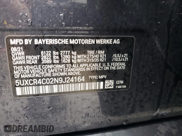 2022 BMW X5 sDrive40i with VIN 5UXCR4C02N9J24164, listed as a Copart auction lot 44761855 with 51,995 mi miles and Salvage Title. Bid and sale history available at carsss.com. Image 12.