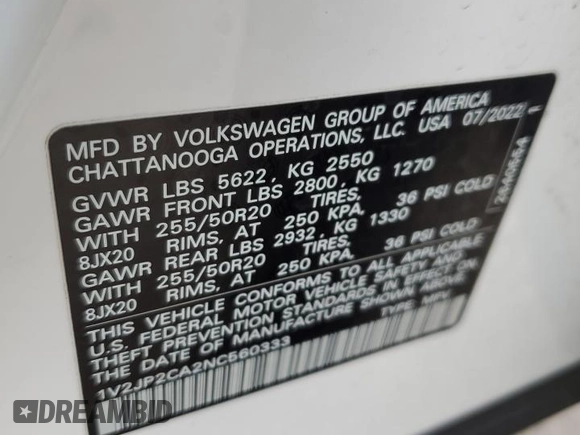 2022 Volkswagen Atlas SE with VIN 1V2JP2CA2NC560333, listed as a Copart auction lot 83324074 with 53,579 mi miles and Salvage title. Bid and sale history available at DreamBid. Image 13.