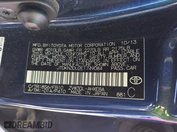 2014 Toyota Prius Four with VIN JTDKN3DU2E1749084, listed as a IAAI auction lot 42647431 with 413,304 mi miles and . Bid and sale history available at DreamBid. Image 9.