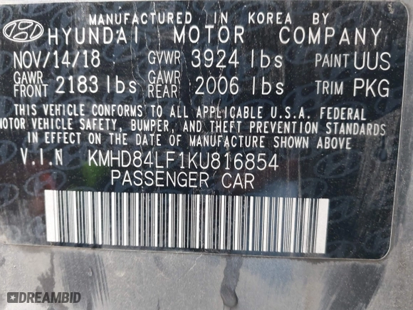 2019 Hyundai Elantra SEL with VIN KMHD84LF1KU816854, listed as a IAAI auction lot 41648387 with 55,070 mi miles. Bid and sale history available at carsss.com. Image 9.