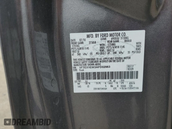 2010 Ford F-150 XL z VIN 1FTEX1EW3AFD02983, wystawiony jako Copart lot #59579565 z przebiegiem 126 131 mil mil oraz Czysty tytuł • Clean title. Historia ofert i sprzedaży dostępna na DreamBid. Obrazek 12.