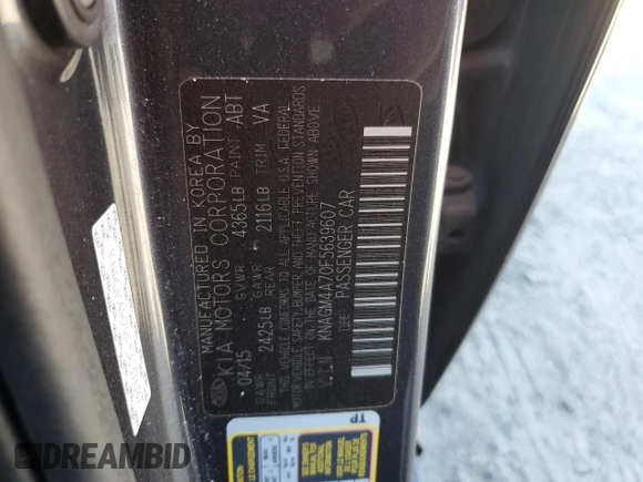 2015 Kia Optima LX with VIN KNAGM4A70F5639607, listed as a Copart auction lot 53066295 with 175,737 mi miles and Salvage Title. Bid and sale history available at carsss.com. Image 15.