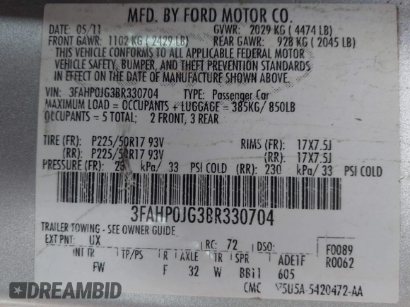 2011 Ford Fusion SEL with VIN 3FAHP0JG3BR330704, listed as a IAAI auction lot 42116994 with 215,020 mi miles. Bid and sale history available at carsss.com. Image 9.