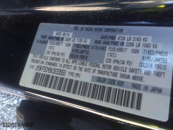 2019 Mazda CX-5 Touring with VIN JM3KFBCM5K0633668, listed as a IAAI auction lot 41617142 with 57,809 mi miles. Bid and sale history available at carsss.com. Image 9.