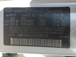 2010 Hyundai Santa Fe SE with VIN 5NMSH4AG7AH399172, listed as a Copart auction lot 52947095 with 80,583 mi miles and Clean Title. Bid and sale history available at carsss.com. Image 13.