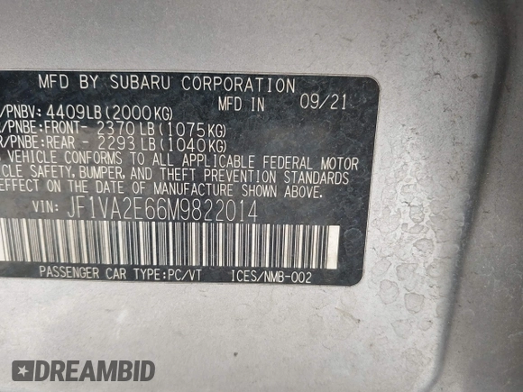 2021 Subaru WRX STI with VIN JF1VA2E66M9822014, listed as a IAAI auction lot 42499316 with 55,625 mi miles and . Bid and sale history available at DreamBid. Image 9.