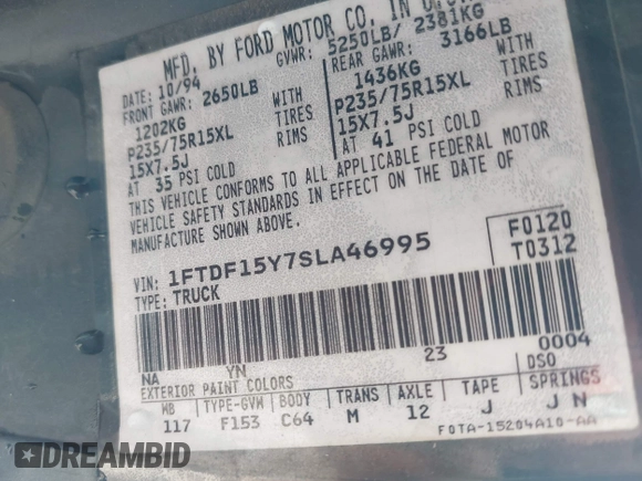 1995 Ford F-150 with VIN 1FTDF15Y7SLA46995, listed as a IAAI auction lot 42474401 with 185,910 mi miles and . Bid and sale history available at DreamBid. Image 9.
