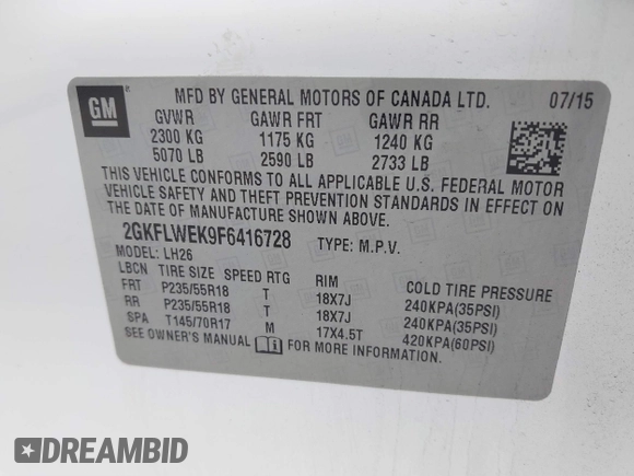2015 GMC Terrain SLE with VIN 2GKFLWEK9F6416728, listed as a IAAI auction lot 41690053 with 129,194 mi miles and . Bid and sale history available at carsss.com. Image 9.