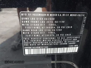2024 Volkswagen Tiguan S with VIN 3VVRB7AX4RM201384, listed as a IAAI auction lot 42401212 with 11,986 mi miles and . Bid and sale history available at DreamBid. Image 9.