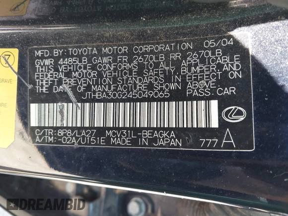 2004 Lexus ES 350 with VIN JTHBA30G245049065, listed as a IAAI auction lot 42724730 with 299,844 mi miles and . Bid and sale history available at DreamBid. Image 9.
