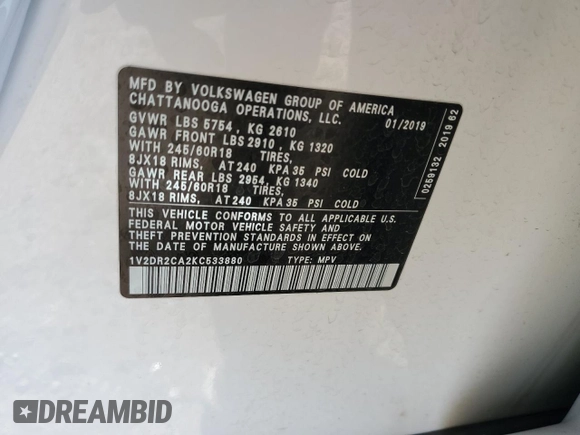 2019 Volkswagen Atlas SE with VIN 1V2DR2CA2KC533880, listed as a Copart auction lot 57353705 with 104,110 mi miles and Salvage title. Bid and sale history available at DreamBid. Image 14.