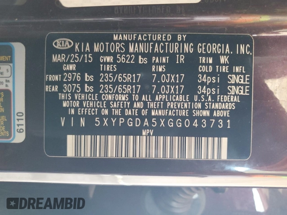 2016 Kia Sorento LX with VIN 5XYPGDA5XGG043731, listed as a Copart auction lot 53888025 with 129,067 mi miles and Salvage title. Bid and sale history available at DreamBid. Image 14.