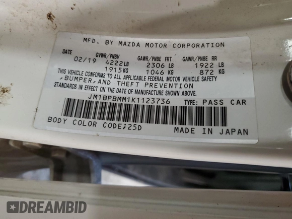2019 Mazda 3 Preferred with VIN JM1BPBMM1K1123736, listed as a Copart auction lot 53273035 with Not Provided miles and Non Repairable. Bid and sale history available at DreamBid. Image 15.