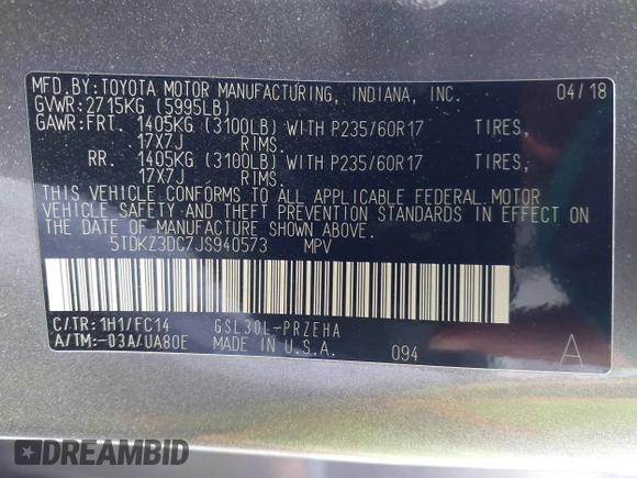 2018 Toyota Sienna LE Auto Access Seat with VIN 5TDKZ3DC7JS940573, listed as a IAAI auction lot 42166237 with Not provided miles and . Bid and sale history available at DreamBid. Image 9.