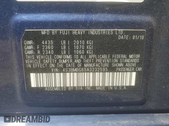 2010 Subaru Legacy Premium All-Weather Anniversary with VIN 4S3BMBG65A3232595, listed as a Copart auction lot 62790665 with 159,765 mi miles and Salvage title. Bid and sale history available at DreamBid. Image 12.