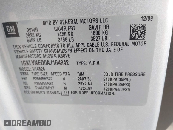 2010 GMC Acadia SLT2 with VIN 1GKLVNED0AJ164842, listed as a IAAI auction lot 41746075 with 186,567 mi miles and . Bid and sale history available at DreamBid. Image 9.