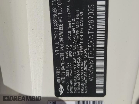 2010 MINI Hardtop S with VIN WMWMF7C5XATW89025, listed as a Copart auction lot 56106705 with 141,216 mi miles and Salvage title. Bid and sale history available at DreamBid. Image 12.