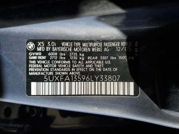 2006 BMW X5 3.0i with VIN 5UXFA13596LY33807, listed as a Copart auction lot 46593215 with 0 mi miles and Salvage Title. Bid and sale history available at carsss.com. Image 15.