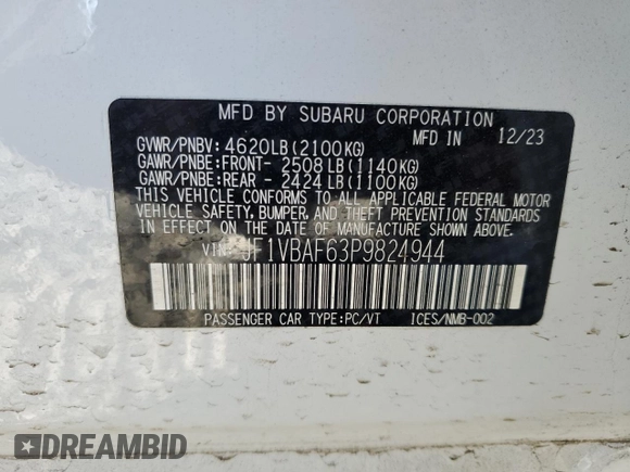2023 Subaru WRX Premium with VIN JF1VBAF63P9824944, listed as a Copart auction lot 54691835 with 15,811 mi miles and Salvage title. Bid and sale history available at DreamBid. Image 13.