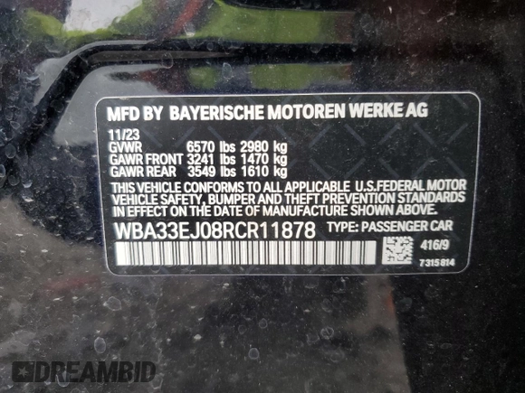 2024 BMW 7 Series 760i xDrive z VIN WBA33EJ08RCR11878, wystawiony jako Copart lot #78952474 z przebiegiem 280 mil mil oraz Szkoda całkowita • Salvage title. Historia ofert i sprzedaży dostępna na DreamBid. Obrazek 12.