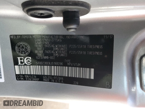 2018 Toyota Sienna XLE with VIN 5TDDZ3DC8JS189296, listed as a Copart auction lot 49656255 with 161,403 mi miles and Salvage Title. Bid and sale history available at carsss.com. Image 13.