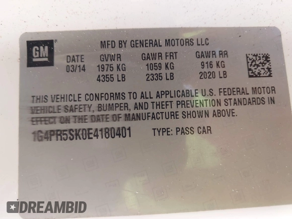 2014 Buick Verano Convenience Group with VIN 1G4PR5SK0E4180401, listed as a IAAI auction lot 40642463 with 207,119 mi miles. Bid and sale history available at carsss.com. Image 9.