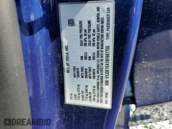 2025 Tesla Model 3 Long Range with VIN 5YJ3E1EA1SF887750, listed as a Copart auction lot 51348825 with 5,530 mi miles and Salvage Title. Bid and sale history available at DreamBid. Image 14.