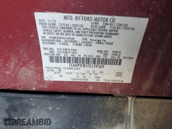 2015 Ford Taurus Limited with VIN 1FAHP2F81FG129569, listed as a Copart auction lot 60841965 with 122,077 mi miles and Clean title. Bid and sale history available at DreamBid. Image 12.