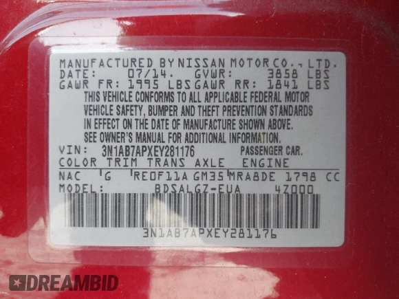 2014 Nissan Sentra S with VIN 3N1AB7APXEY281176, listed as a IAAI auction lot 41753420 with 119,372 mi miles and . Bid and sale history available at DreamBid. Image 9.