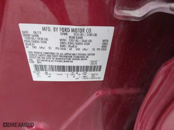 2013 Ford Edge SEL with VIN 2FMDK4JC7DBC80818, listed as a IAAI auction lot 41674183 with 198,407 mi miles. Bid and sale history available at carsss.com. Image 9.