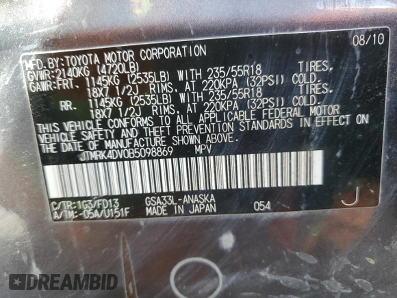 2011 Toyota RAV4 Sport z VIN JTMRK4DV0B5098869, wystawiony jako Copart lot #53277145 z przebiegiem 184 885 mil mil oraz Szkoda całkowita • Salvage title. Historia ofert i sprzedaży dostępna na DreamBid. Obrazek 13.