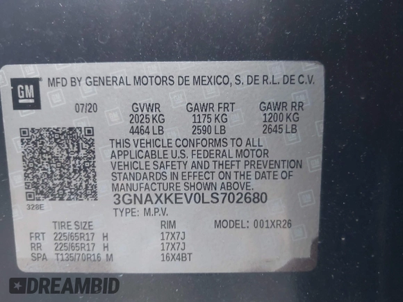 2020 Chevrolet Equinox LT with VIN 3GNAXKEV0LS702680, listed as a IAAI auction lot 41633024 with 63,041 mi miles and . Bid and sale history available at carsss.com. Image 9.