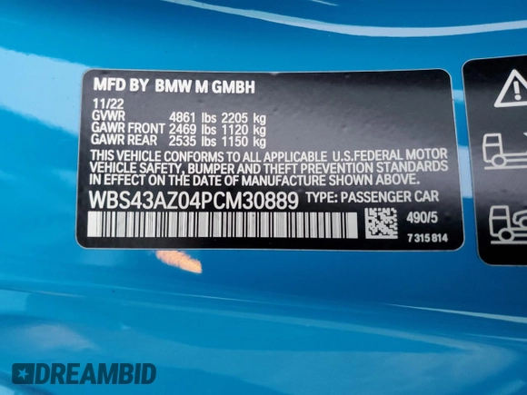 2023 BMW M4 Competition xDrive with VIN WBS43AZ04PCM30889, listed as a Copart auction lot 81932723 with 7,822 mi miles and Salvage title. Bid and sale history available at DreamBid. Image 12.
