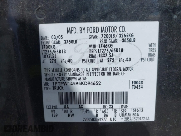 2005 Ford F-150 XLT z VIN 1FTPW14595KD94652, wystawiony jako IAAI lot #42766074 z przebiegiem 245 344 mil mil oraz . Historia ofert i sprzedaży dostępna na DreamBid. Obrazek 9.